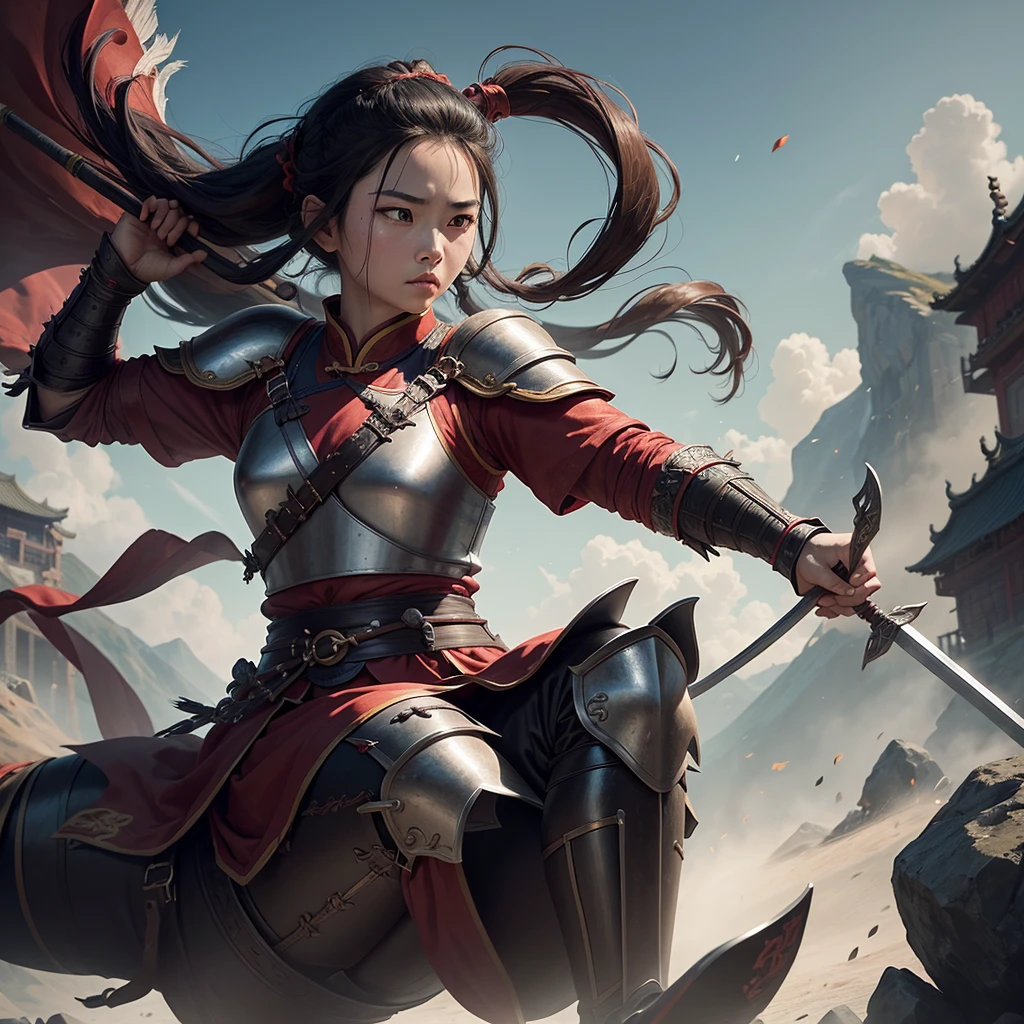 Youngh, Chinese warrior, Chinese culture, with bows in their hands, Training, style game of thrones, medieval chinese, long hair tied, feminist, black armor with red details, Fullbody, female, (((Youngh))).