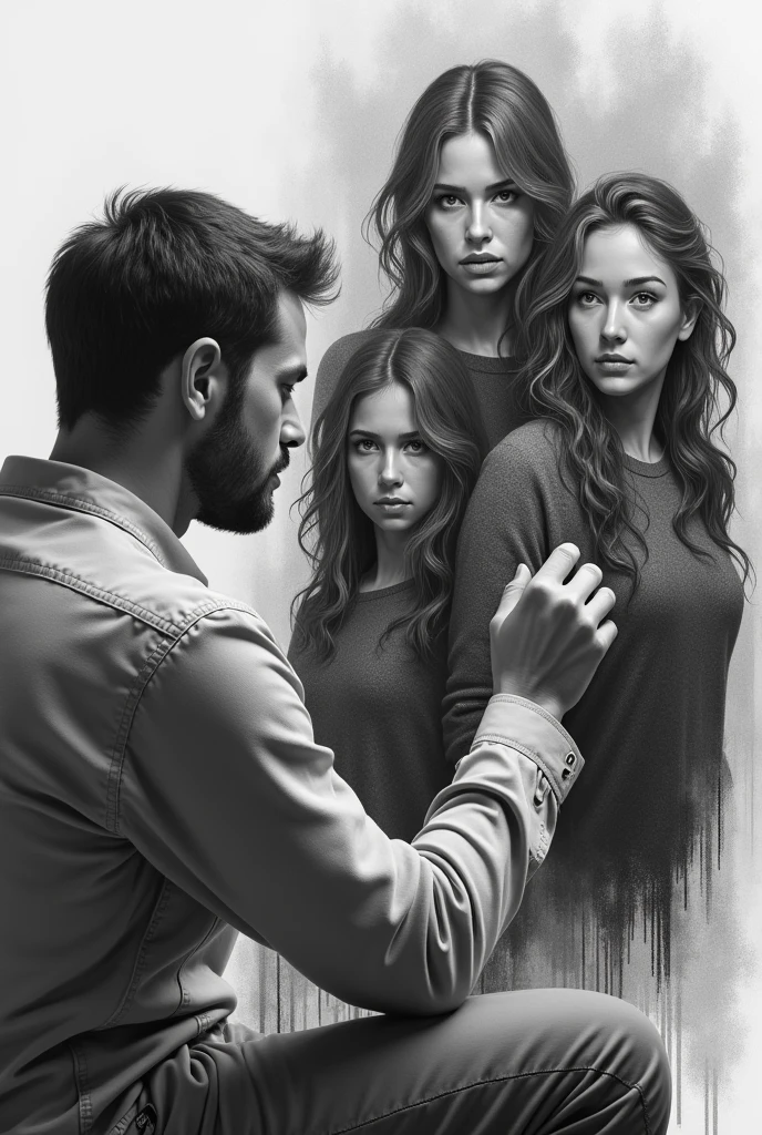 Man drawing his realistic family. black andwhite