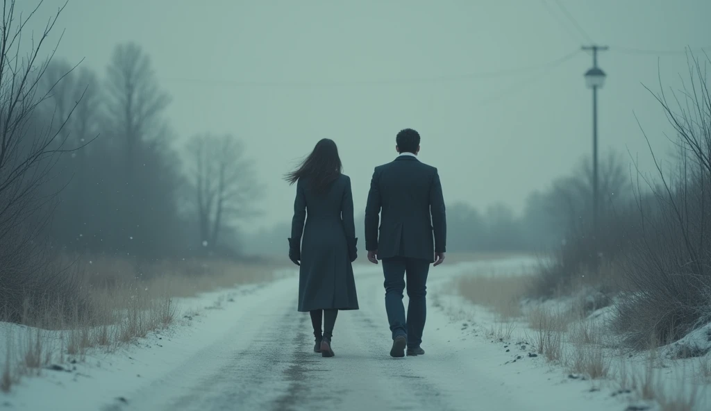 SCENE OF COLD GREY TONES, WITH MELANCHOLIC LANDSCAPE THEME WITH GREY SKY AND SNOW, close-up of an Italian woman with her back turned walking from the center of the scene to the left and an Italian man with his back turned walking from the center of the scene to the right, WHILE SNOWFLAKES FALL