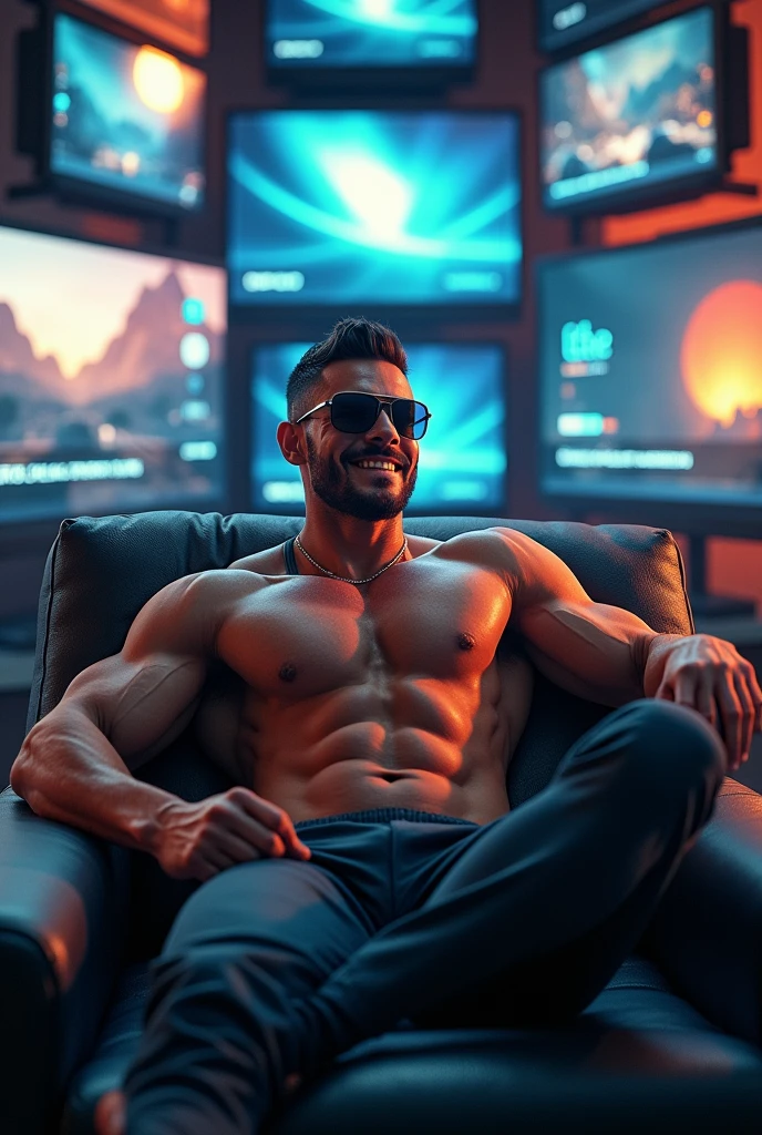 A muscular trainer with sunglasses, Sitting on a sofa, surrounded by television screens and electronic devices, with a sarcastic smile on his face.