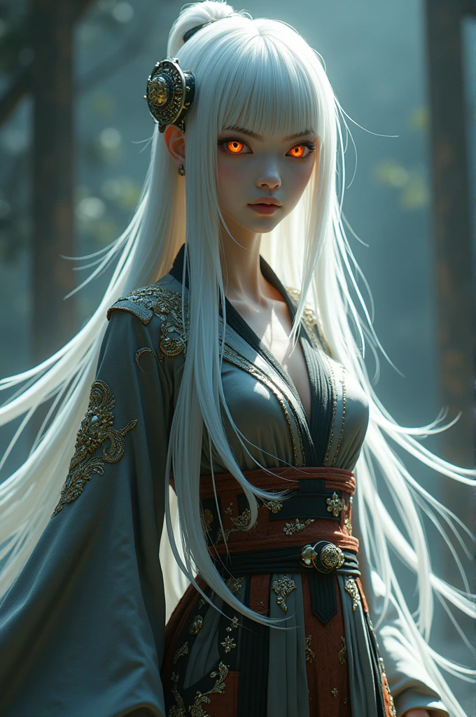 Create a kimetsu no yaiba oc with long white hair and elongated eyes with an extravagant uniform 