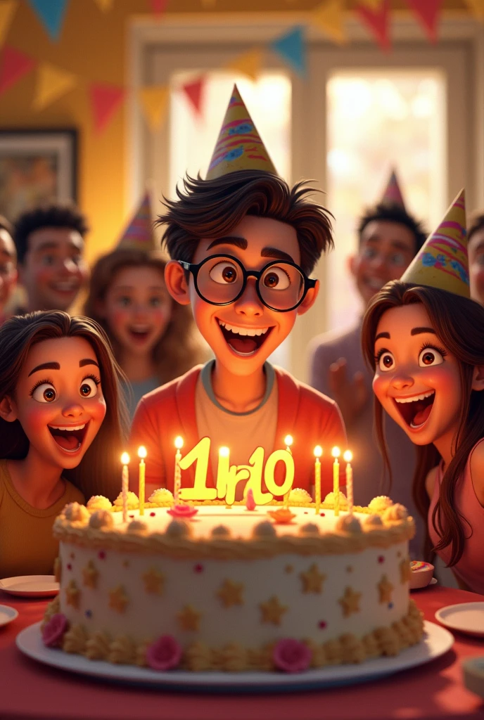 People celebrating the birthday of an 18-year-old boy with glasses, with a big cake that has Piero's name on it.
