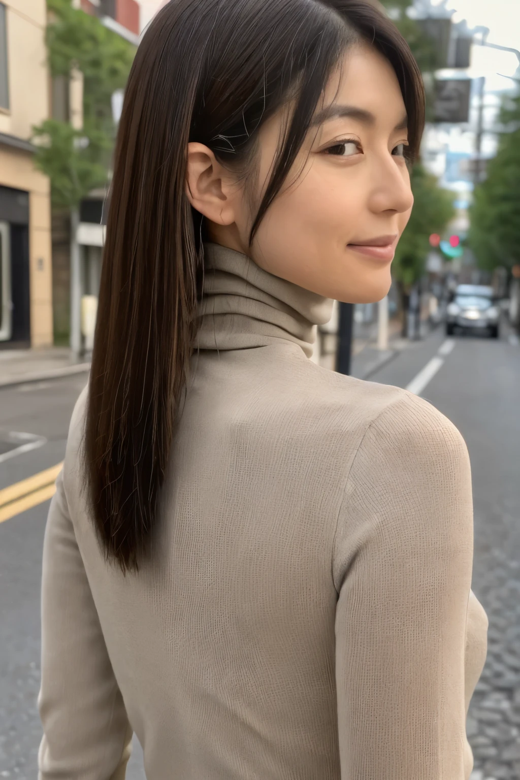 ((top-quality, in 8K, masterpiece:1.3)), Beautiful Japanese woman, perfect body:1.4, Slim abs:1.2, ((Straight hair:1.2)), (turtle neck:1.1), (a street:1.2), wetbody:1.5, Three-dimensional texture, A detailed eye, Brown hair, very thin waist, posterior view, looking back to the viewers