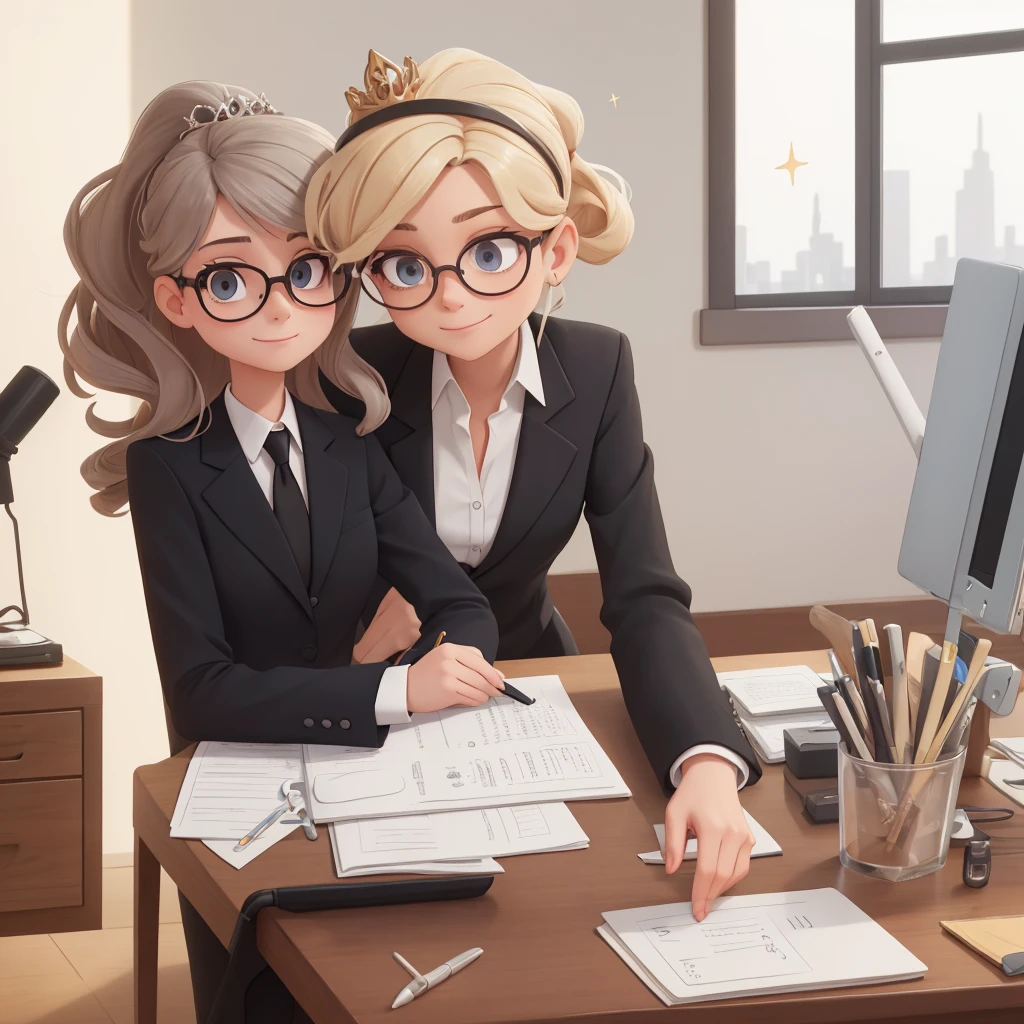 an elegant woman, dressed in a black suit, is reclining in her office chair, a cruel smile twisting his thin lips. Her dark, curly hair is tied back in a sophisticated ponytail., and his eyes, hidden behind round prescription glasses, sparkle with a malice that contrasts with the seriousness of the environment. In your hands, a luxury stylus scribbles enigmatic symbols on a notepad. On the table, a small glo.the earth spins slowly, and a discreet tiara sparkles in her hair. the window, reveals only a glimpse of the gray city outside. Despite the seemingly ordinary environment, the queen's aura is undeniably powerful and sinister.