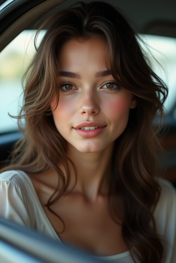 Pretty beautiful brunette, angle parfait, very detailed, , visage affectueux, long messy hair, Brown eyes, high resolution, head of'artwork, best quality,intricate details, very detailed,sharpness, detailed skin,realistic skin texture,texture, detailed eyes, professionnel, , ssmile, , 85mm,shallow depth of field,kodak vision color, eye shadow, extremely detailed, photo_\(ultra\), photorealistic, realistic, Post-traitement, maximum detail, roughness, real life, ultra realistic, photorealism, la photographie,, la photographie, voit tout le corps , next to a car