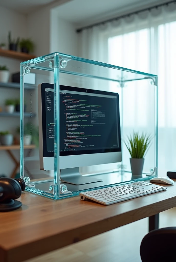 computer, monitor, keyboard and mouse inside an acrylic box screwed to the wooden table