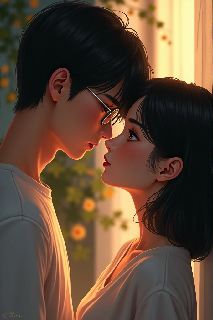 a couple, A boy with black hair, black eyes and glasses and the girl with shoulder-length black hair, with brown eyes