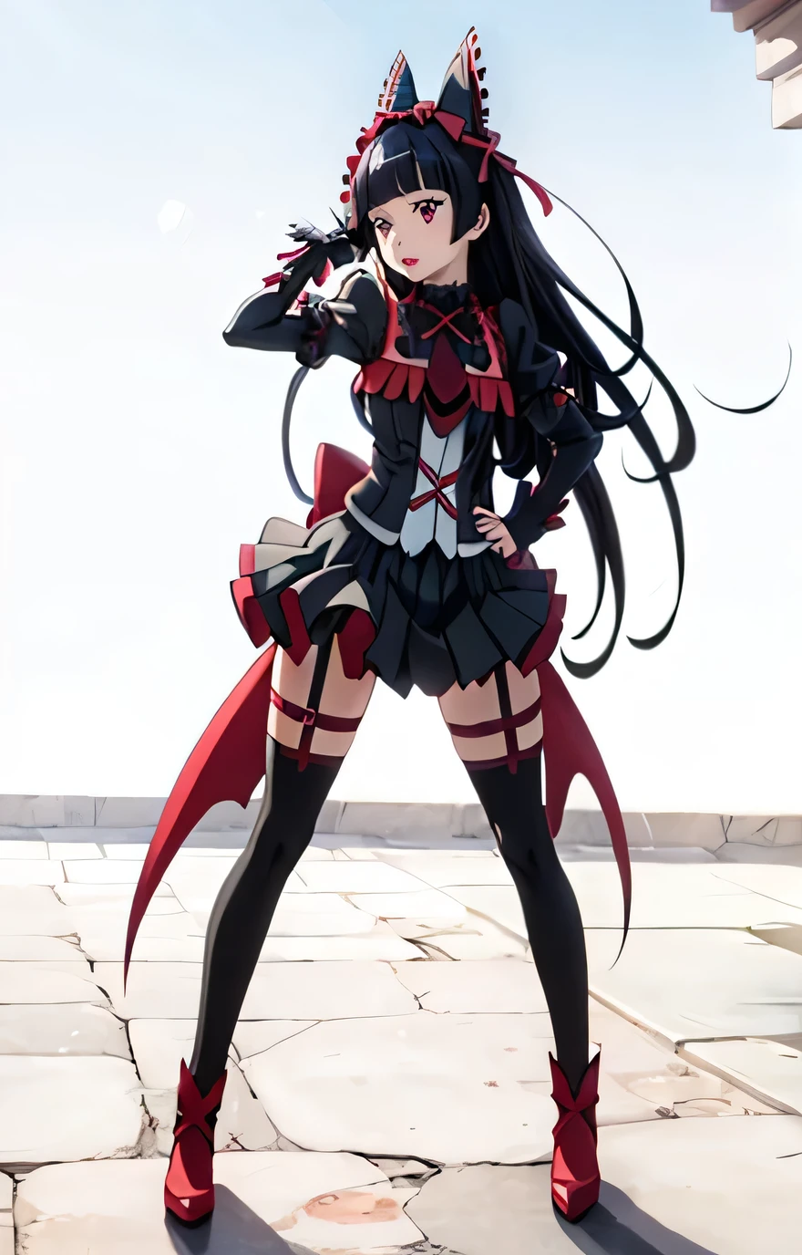 1girl, rory mercury, red eyes, black hair, long hair, gothic, ribbon, hair bow, garter straps, thighhighs, makeup, lipstick, red lips, gauntlets, puffy sleeves, full body, standing, straight-on, outdoors, full moon, anime style, realistic skin texture, detailed background, beautiful and detailed artwork, 