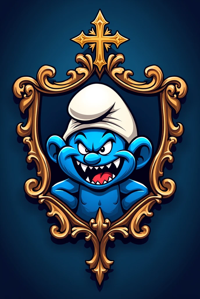 Create a coat of arms as if it were a football team that has the same name "Jehovah&#39;s Smurfs". Put the apparent team name and an evil Smurf.