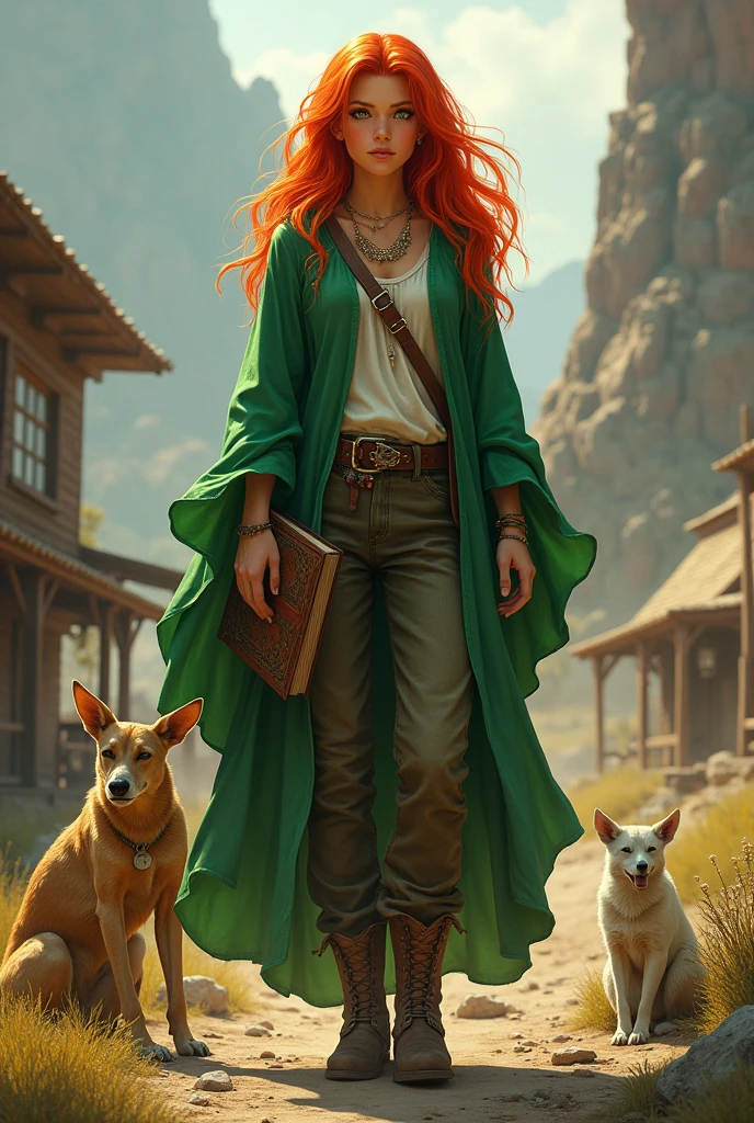 She is a mature woman, standing at 1.70 meters tall, with fluorescent red hair that emits a natural glow. She has a beautiful face, green eyes, and a warm, tan complexion. An American by origin, she wears a green mage's robe, along with pants and boots. She carries a small pouch and a book. She is deeply connected with creatures and animals, making her their close friend. The character should be styled in a fantasy RPG art style and set in the Old West.