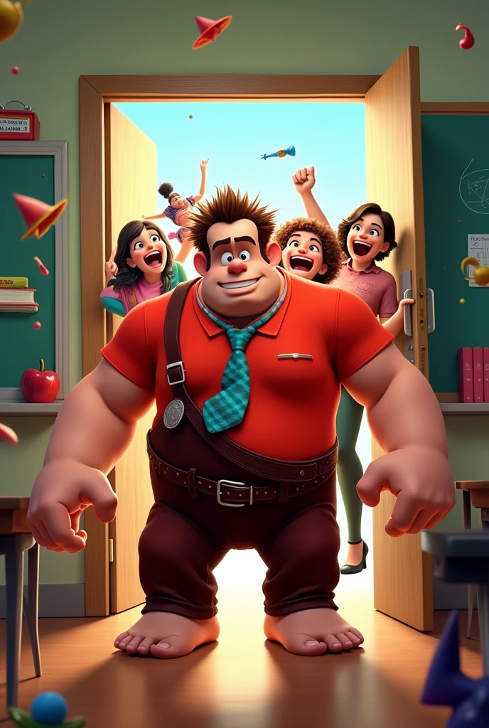 Generate a cover image with the theme of Wreck-It Ralph dressed as a teacher, where they come out of a door and destroy it with various characters for a classroom of school children with measurements 1,50m high 70cm wide and 1080p resolution with happy students behind Ralph at his stand and at the top with a text that says (Professor Diego) and welcome