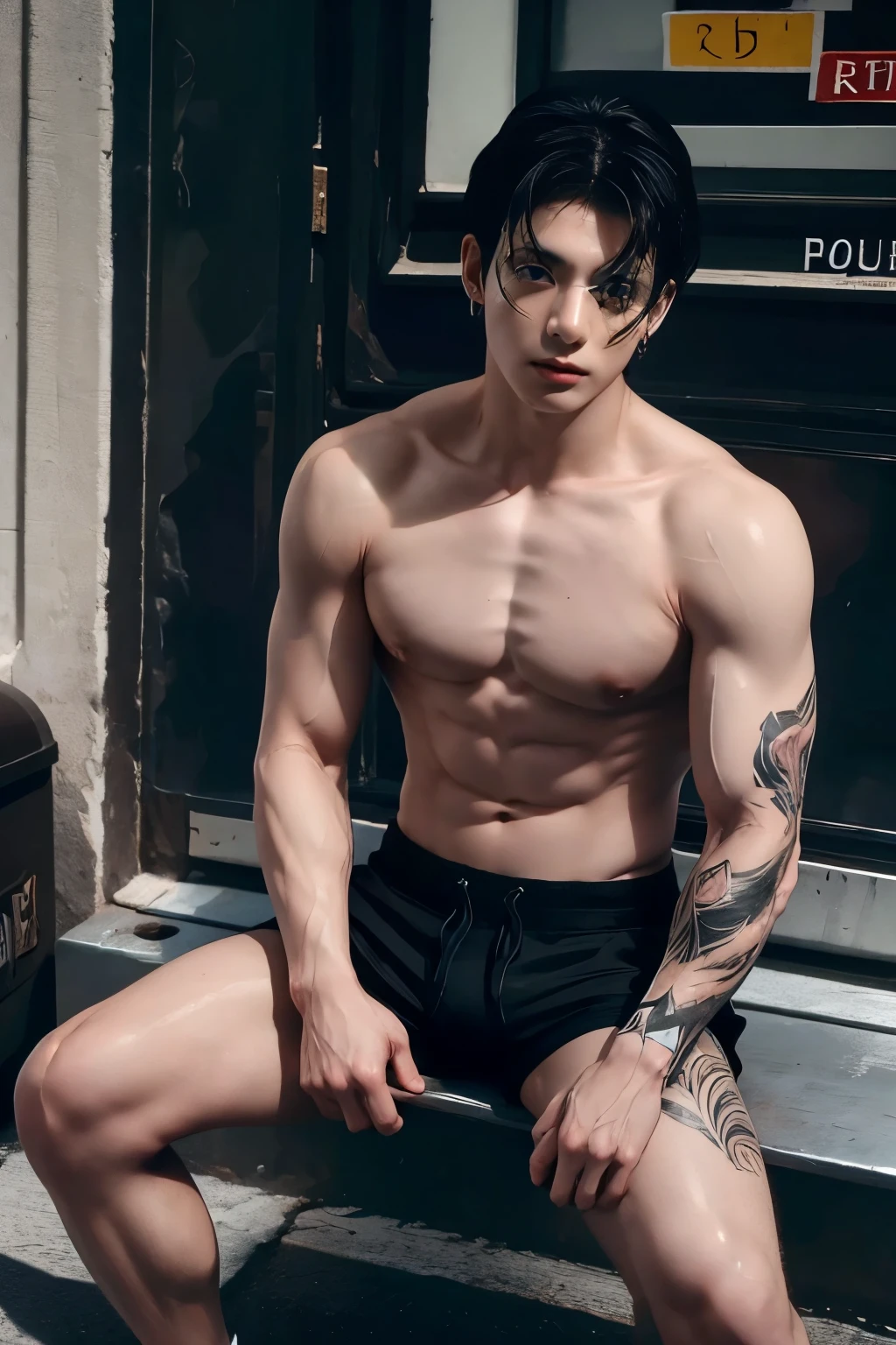 black hair boy, blue eyes, muscular, hot and sexy sweaty body, shirtless, wearing short shorts, sitting on a bench, touching his erect cock 