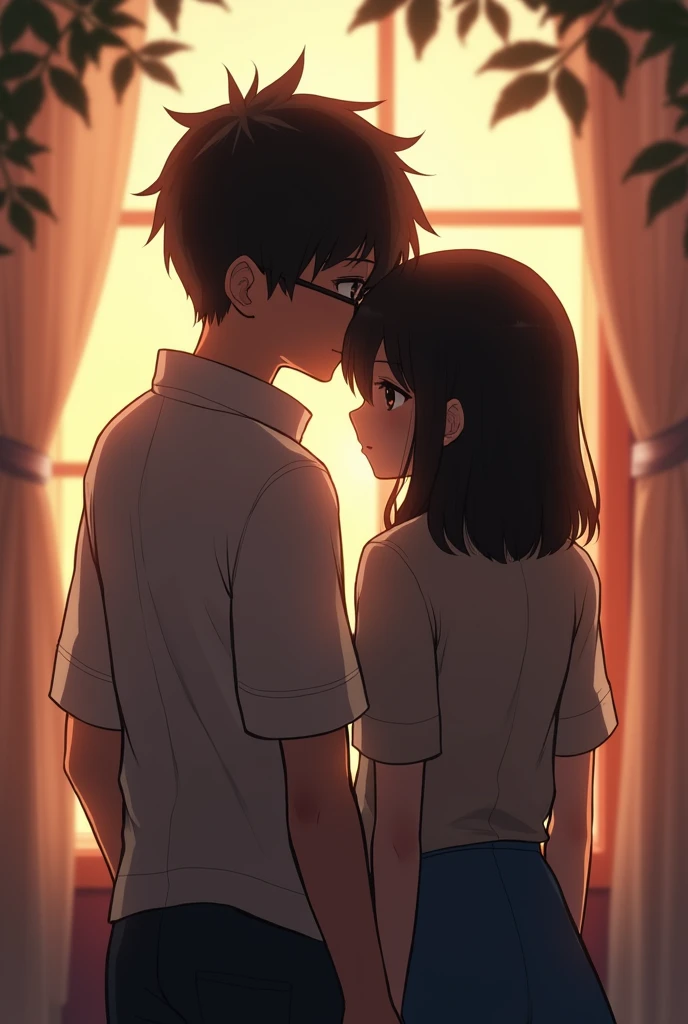 a couple, A boy with black hair, black eyes and glasses and the girl with shoulder-length black hair, with brown eyes from behind