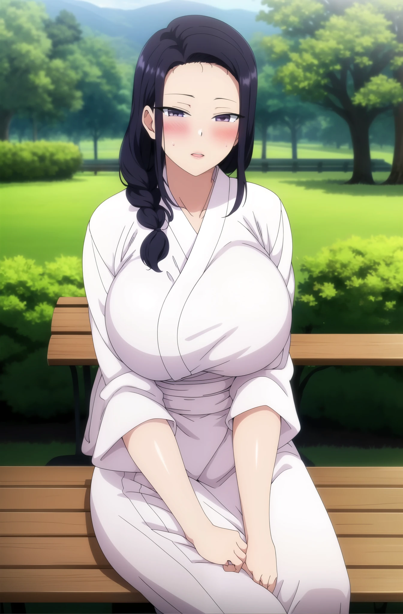 
masterpiece, best quality, highly quality ,huge breast, braid , black_hair, long_hair, hair_pulled_back,parted_lips,purple_eyes, white kimono , park background , (blush:1.2) , sitting , bench , tree , looking at viewer,

