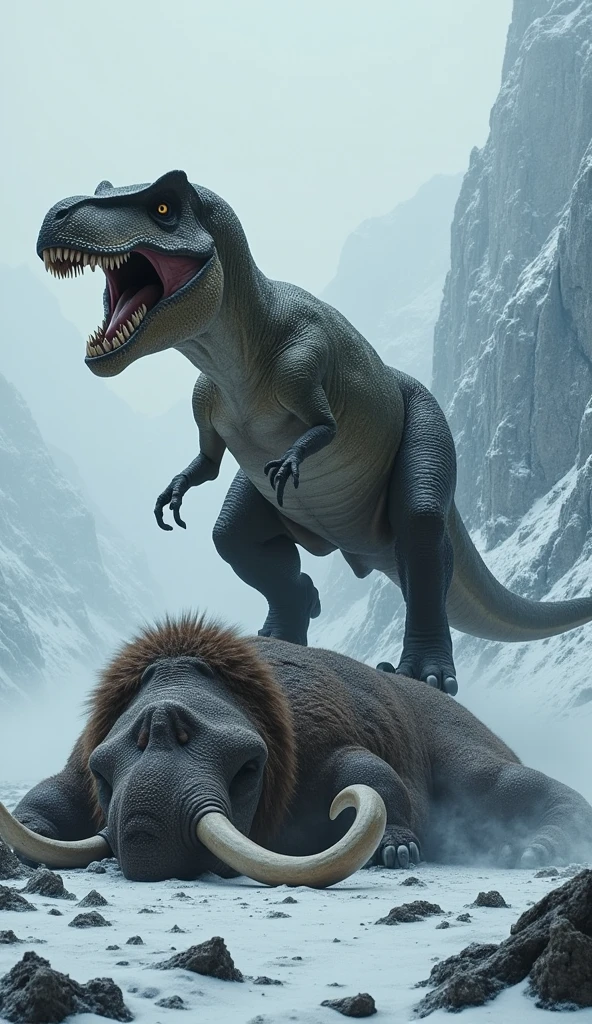 T-rex standing on a mammouth that it fought in a scary snowy biom