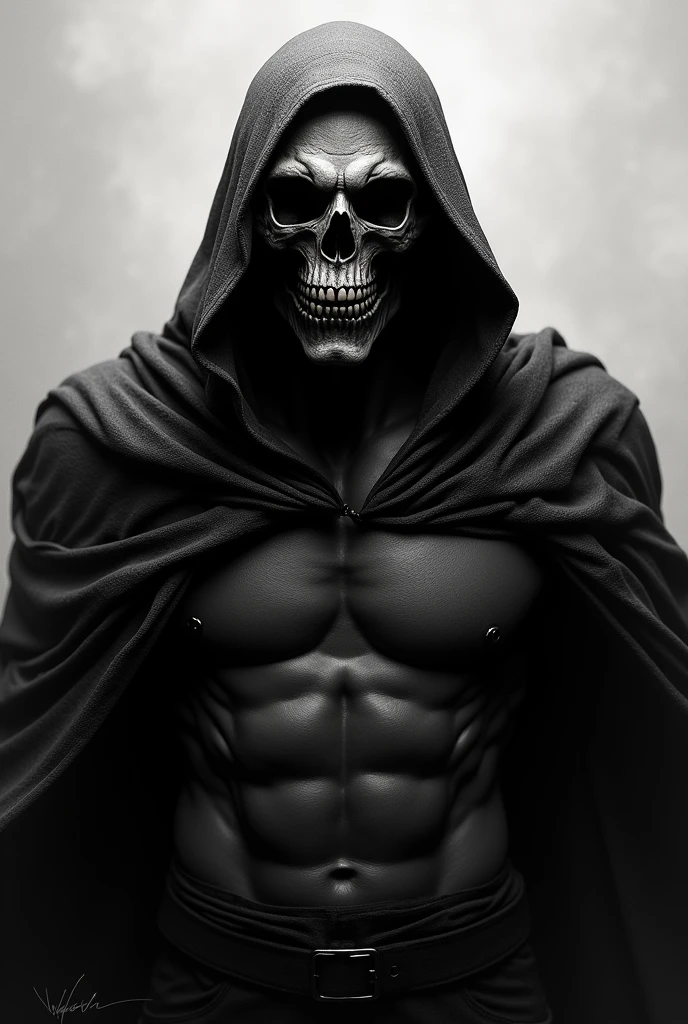 Make a picture of a skull with a hood and muscles, on black and white background