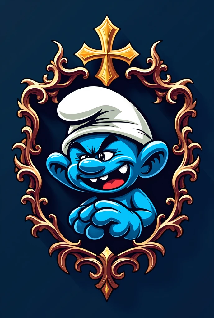 Create a coat of arms as if it were a football team that has the same name "Jehovah's Smurfs". Put the apparent team name and an evil Smurf.