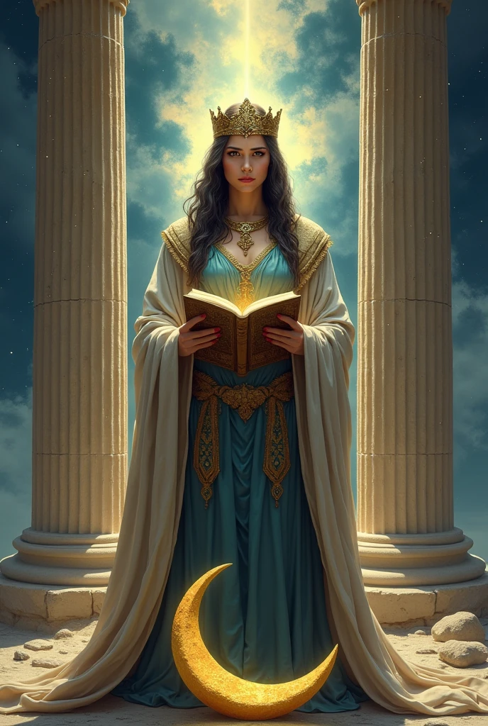 Rider Waite The High Priestess tarot card in real life
With The moon at her feet
With The TORA in her hands
With The pilars of king solomons temple by her side written Boaz and jachin 