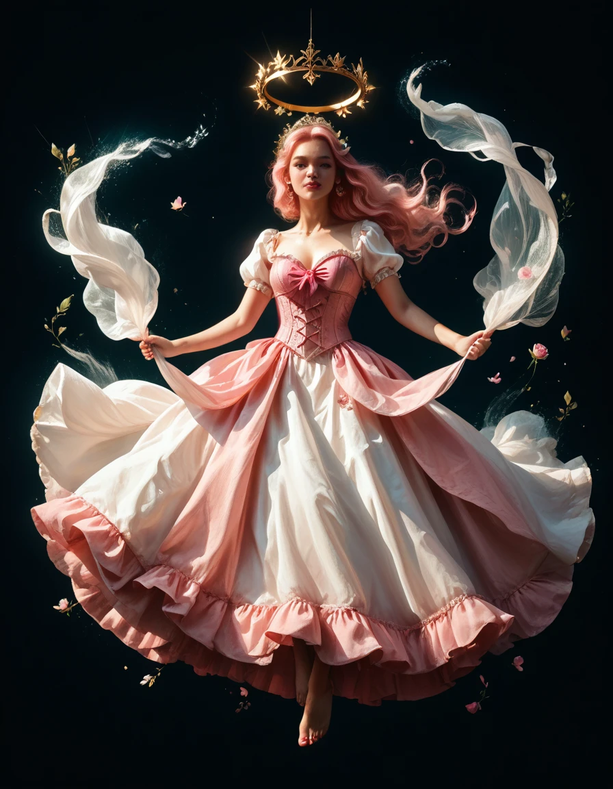full body In a breathtakingly sharp 8K resolution, capture a stunning white woman suspended in mid-air against a stark, plain black background. Her long, wavy dark pink hair cascades down her back like a waterfall of nightfall hues. She wears a delicate light pink corset and a flowing ribbon dress that drapes elegantly around her form. A halo of light pink ribbons floats serenely around her, as if carried by an invisible breeze. Her hyper-detailed facial features shine with a gentle glow: rose-kissed cheeks, a  nose, and luscious pink pouty lips that seem to whisper secrets to the universe. bare feet, which appear to defy gravity as she floats effortlessly in mid-air. full body. eyes. open