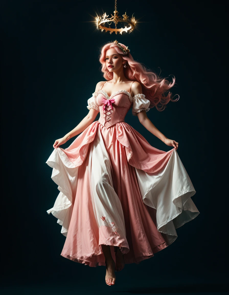 full body In a breathtakingly sharp 8K resolution, capture a stunning white woman suspended in mid-air against a stark, plain black background. Her long, wavy dark pink hair cascades down her back like a waterfall of nightfall hues. She wears a delicate light pink corset and a flowing ribbon dress that drapes elegantly around her form. A halo of light pink ribbons floats serenely around her, as if carried by an invisible breeze. Her hyper-detailed facial features shine with a gentle glow: rose-kissed cheeks, a  nose, and luscious pink pouty lips that seem to whisper secrets to the universe. bare feet, which appear to defy gravity as she floats effortlessly in mid-air. full body. eyes. open