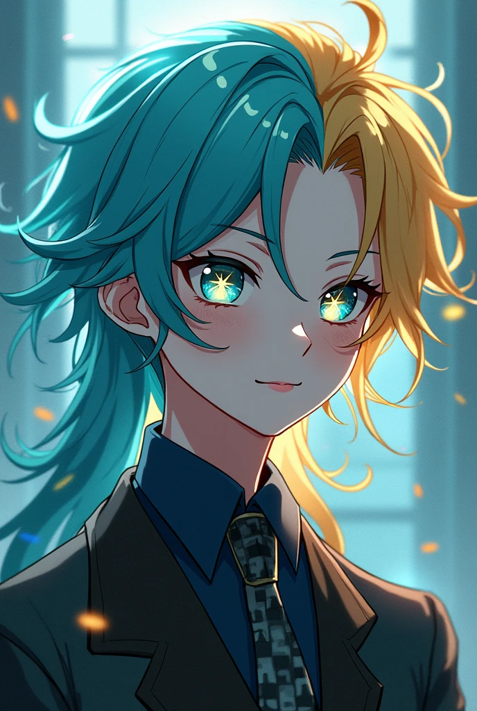 Anime style man with long flowing hair with asymmetrical locks with main color would be a turquoise blue mixed with shades of blonde or yellow. Star-like eyes Big and expressive, with a color that combines blue with a golden or amber tone, possibly with a gradient effect or heterochromatic eyes (one blue and one gold).