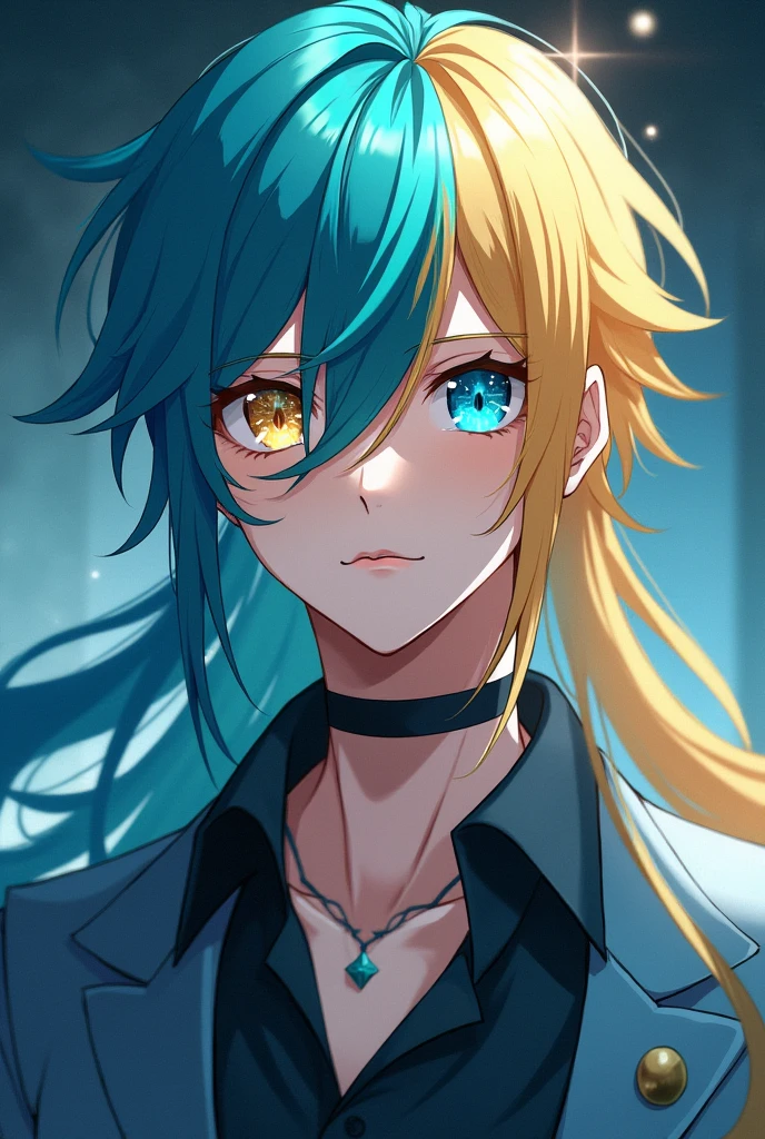 Anime style man with long flowing hair with asymmetrical locks with main color would be a turquoise blue mixed with shades of blonde or yellow. Star-like eyes Big and expressive, with a color that combines blue with a golden or amber tone, possibly with a gradient effect or heterochromatic eyes (one blue and one gold).