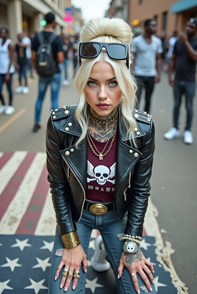 russian old milf woman, , blonde platinum hair (beehive bun) and oversized square sunglasses as headband), with very light green eyes, extremely pale. Wearing studded, padded shoulders,  cropped black moto jacket (zippers on the side. Cropped dark burgundy push up t-shirt with skull and wings logo and gothic lettering,, dark grey skinny low rise jeans with holes on knees .White tennis sneakers. Lots of thick wide studded  bracelets, chain collars and big rings. Tacky wide studded leather belt, with big skull and bones round buckle. Long earrings with chains. Kneeling on a large ragged usa flag, looking at the photographer. Craving, sensual face. Hands on knees. Looking at the camera, Toned abdominals, thin neck, slim legs and thin arms. Neck, chest, belly, hands and arms completely tattoed. Street of Nairobi, crowded with standing people