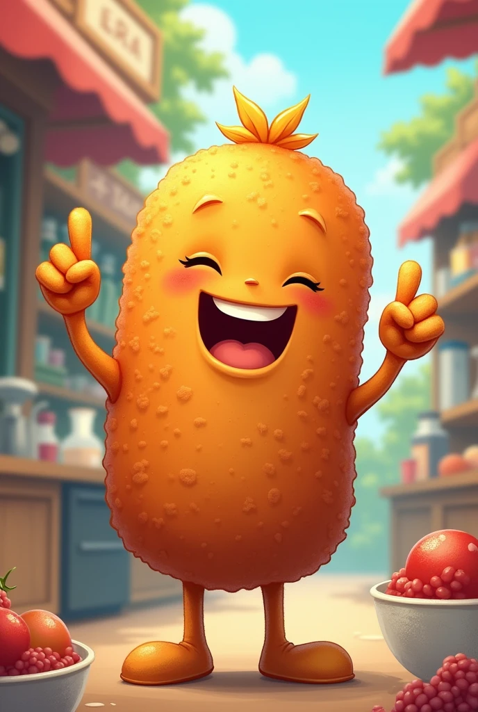 A chicken croquette, with arms and legs, Grinning, making a positive sign with your hands