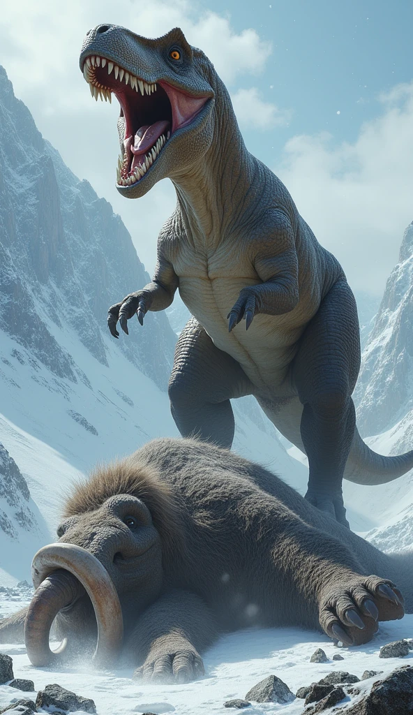 T-rex standing on a mammouth that it fought in a scary snowy biom