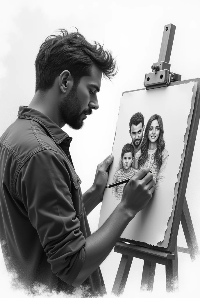 Man drawing his family, realistic drawing. black andwhite