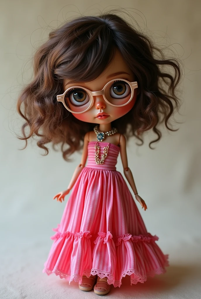 Create a curly blythe doll with extremely messy shoulder length hair while wearing round framed glasses wearing a long striped pink strapless dress. Make her brown with dark brown eyes.