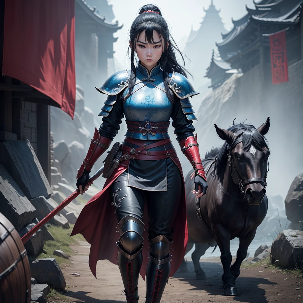 Youngh, Chinese warrior, Chinese culture, elfo, blue colored eyes, Training, style game of thrones, medieval chinese, long hair tied, feminist, black armor with red details, black leather pants and boots, Fullbody, female, (((Youngh))).