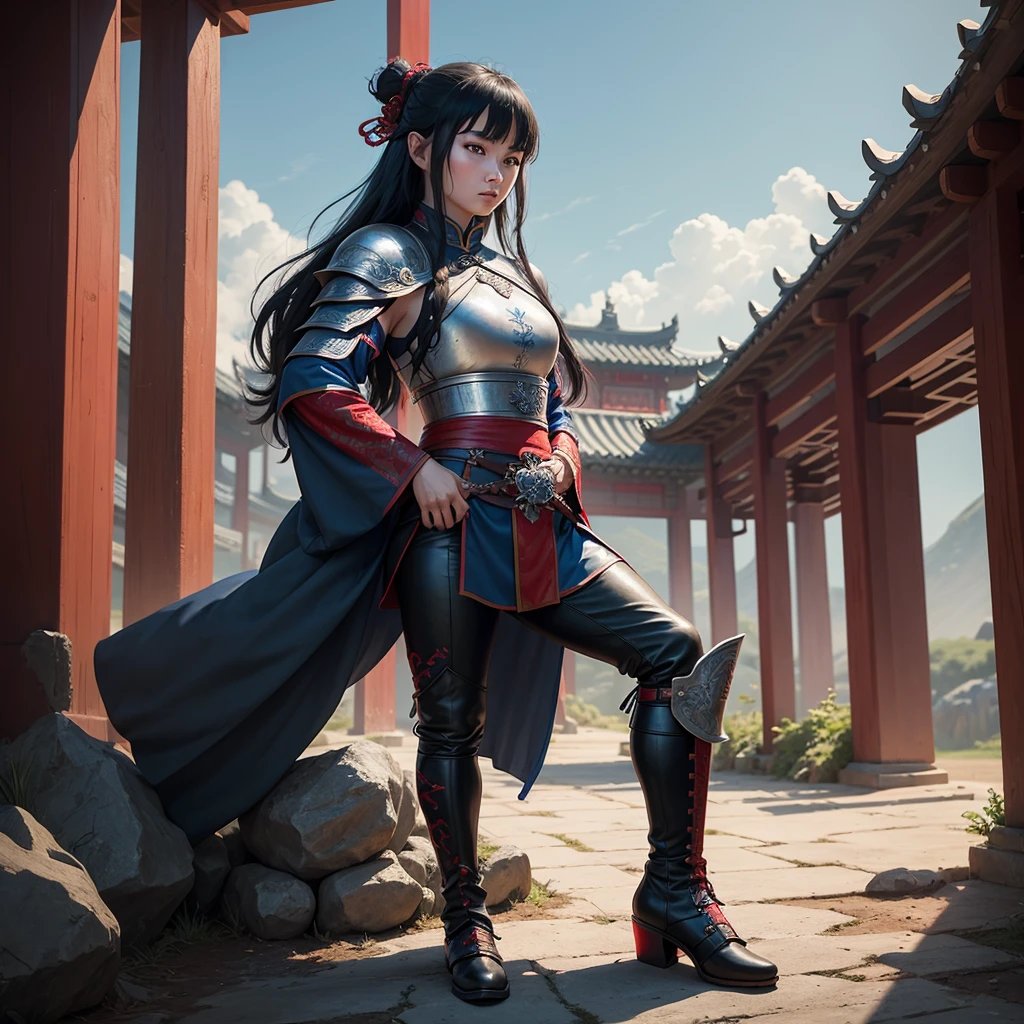 Youngh, Chinese warrior, Chinese culture, elfo, blue colored eyes, Training, style game of thrones, medieval chinese, long hair tied, feminist, black armor with red details, black leather pants and boots, Fullbody, female, (((Youngh))).