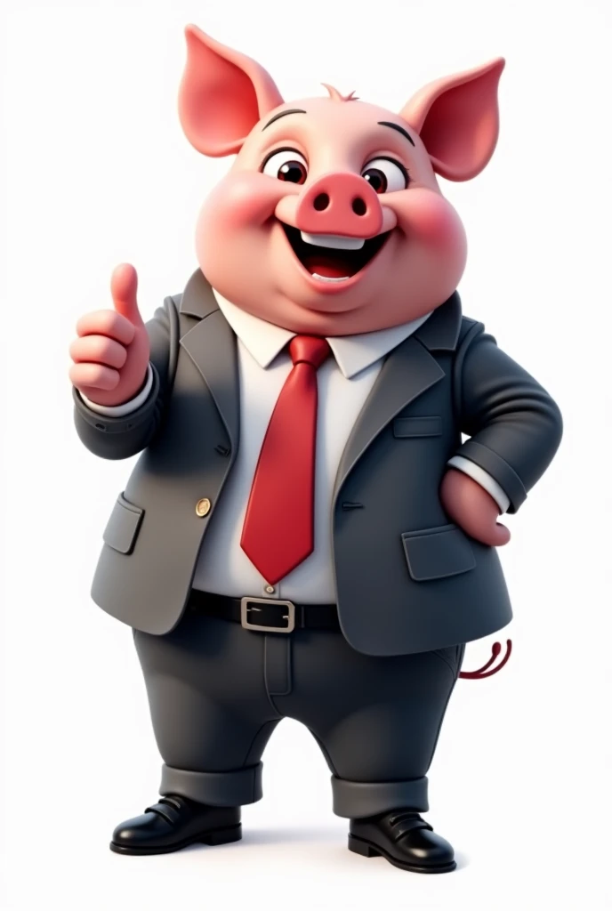 Friendly male pig in suit and tie giving thumbs up, with white background and no shadows