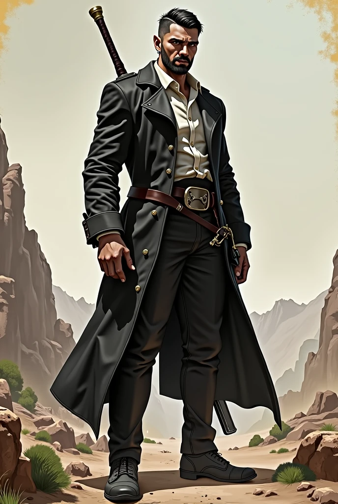 He is a tall indigenous man, 2 meters tall, with a square face and short dark hair and a beardless face. His eyes are wolf-like and one of them is closed with pointy ears with earrings. He wears a dark black overcoat with a white shirt underneath in the style of formal wear with simple formal pants and has a strong physique. A large sword is strapped to his back. I would like the art in a fantasy RPG style. In the Old West