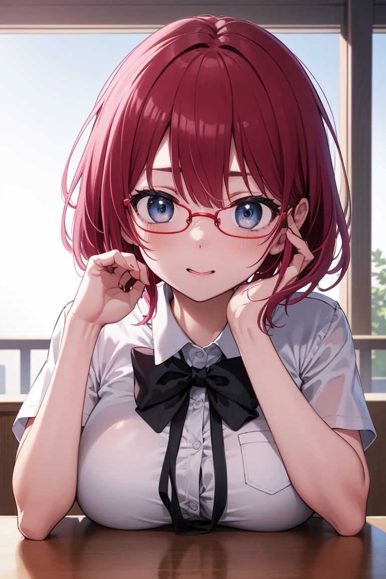 Ichikanagano, Ichika Nagano, short hair, smooth, blue eyes, hair between the eyes, pink hair, big breasts , old, red glasses, finish, โป๊เปลือย ไม่ใส่เสื้อผ้า big breastsมาก Take a break looking at viewer, whole body, Take a break outdoors, school ประตูschool, Take a break (Masterpiece:1.2), Highest quality, high resolution, Harmony wallpaper 8K, (photo:0.8), (Fine and beautiful eyes:1.6), Highly detailed face, perfect lighting, The CG is very detailed., (perfect hand, perfect anatomy),
