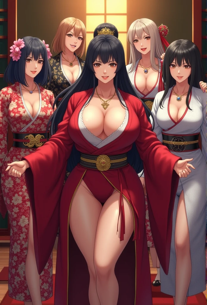 Noblewomen over 5, busty figure,highr,Hakata yukata, opening Hakata yukata, grabbing her breasts, breasts showing, ample cleavage, Intimidating woman, Palatial woman, beautiful thick female, Thick legs, sexy dominant pose, Dominatrix, Mistress, Strong legs,domination