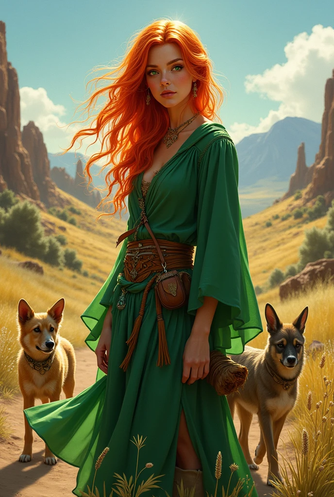 She is a mature woman,but at the same time very cute, standing at 1.70 meters tall, with fluorescent red hair that emits a natural glow. She has a beautiful face, green eyes, and a warm, tan complexion. An American by origin, she wears a green mage's robe, along with pants and boots. She carries a small pouch and a book. She is deeply connected with creatures and animals, making her their close friend. The character should be styled in a fantasy RPG art style and set in the Old West.