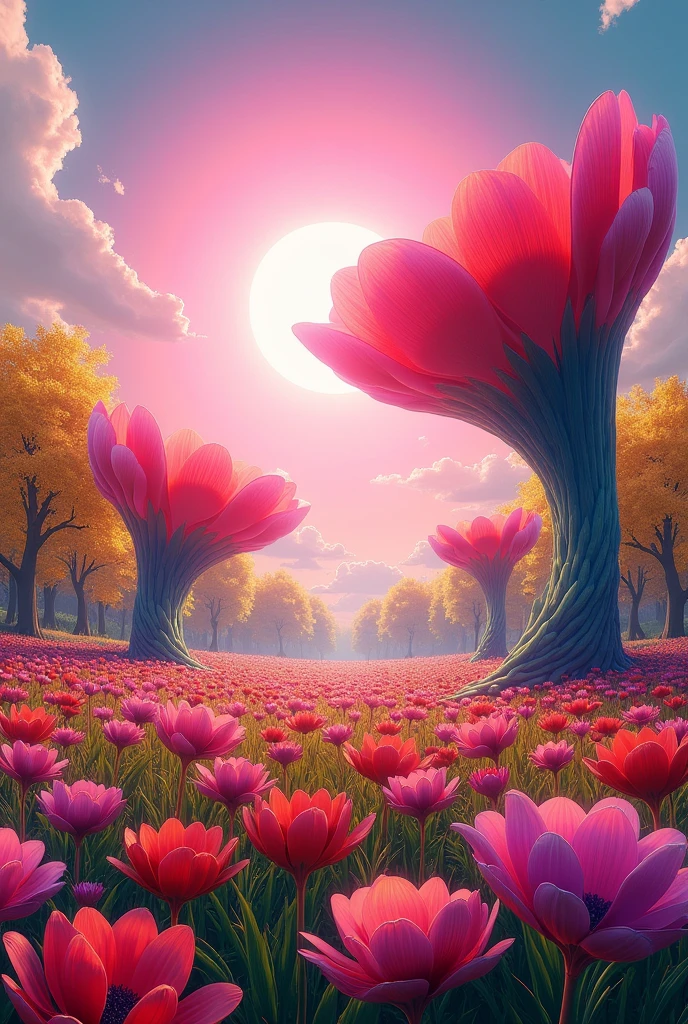 A field with giant, colorful flowers with the sun the color of pink and the trees all the color of gold