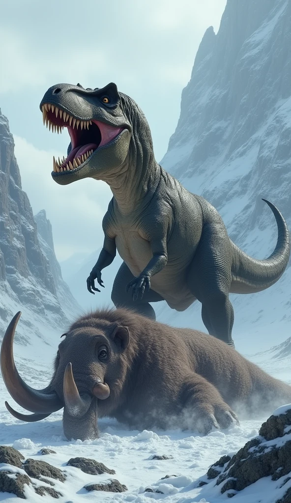 T-rex standing on a mammouth that it fought in a scary snowy biom