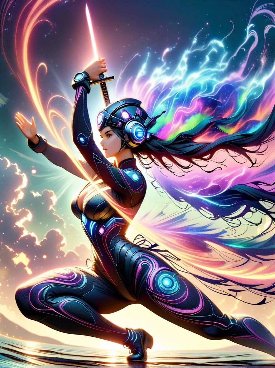 (Silhouette of a heroine dancing with a sword:1.5),Glowing Sword,(Combat Stance,Strong and dynamic stance:1.4),On the lake,High Contrast, Mysterious atmosphere,cloud,to smoke,Lotus,Lotus leaf,ripple,(Splash;1.4),moonlight,Swordsman,effort,(Tyndall effect:1.8),visible light,Holy Light,Top light,Photon Mapping,Radio City,Physically Based Rendering,