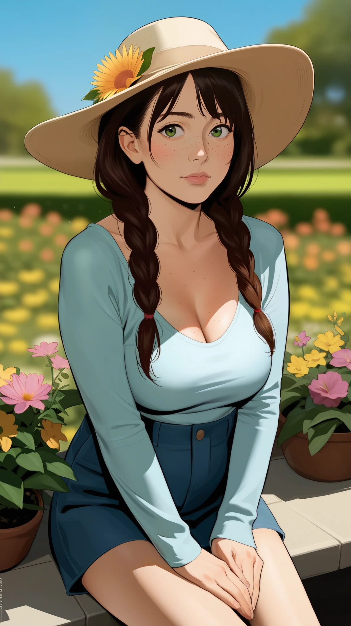 score_9, score_8_up, score_7_up, BREAK, rating_safe, zy_mirabel, 1girl, long hair, hat, flower, braid, freckles, hat flower, twin braids, large , green eyes, sit, garden, realistic, photo, real hair, detailed skin, highly detailed, detailed skin, depth of field, film grain,animation, ikuchan