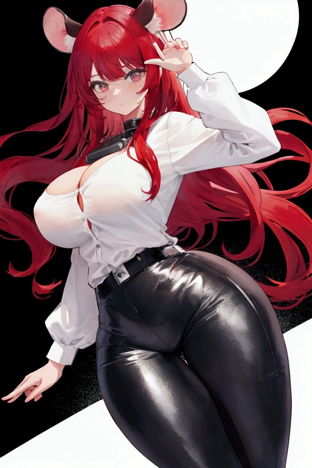 big ass, nice legs, bottom corner, one girl, Looking at the camera, lost view, , mouse tail, leather pants, White shirt, Red hair, Hands pressed to chest, facing the camera