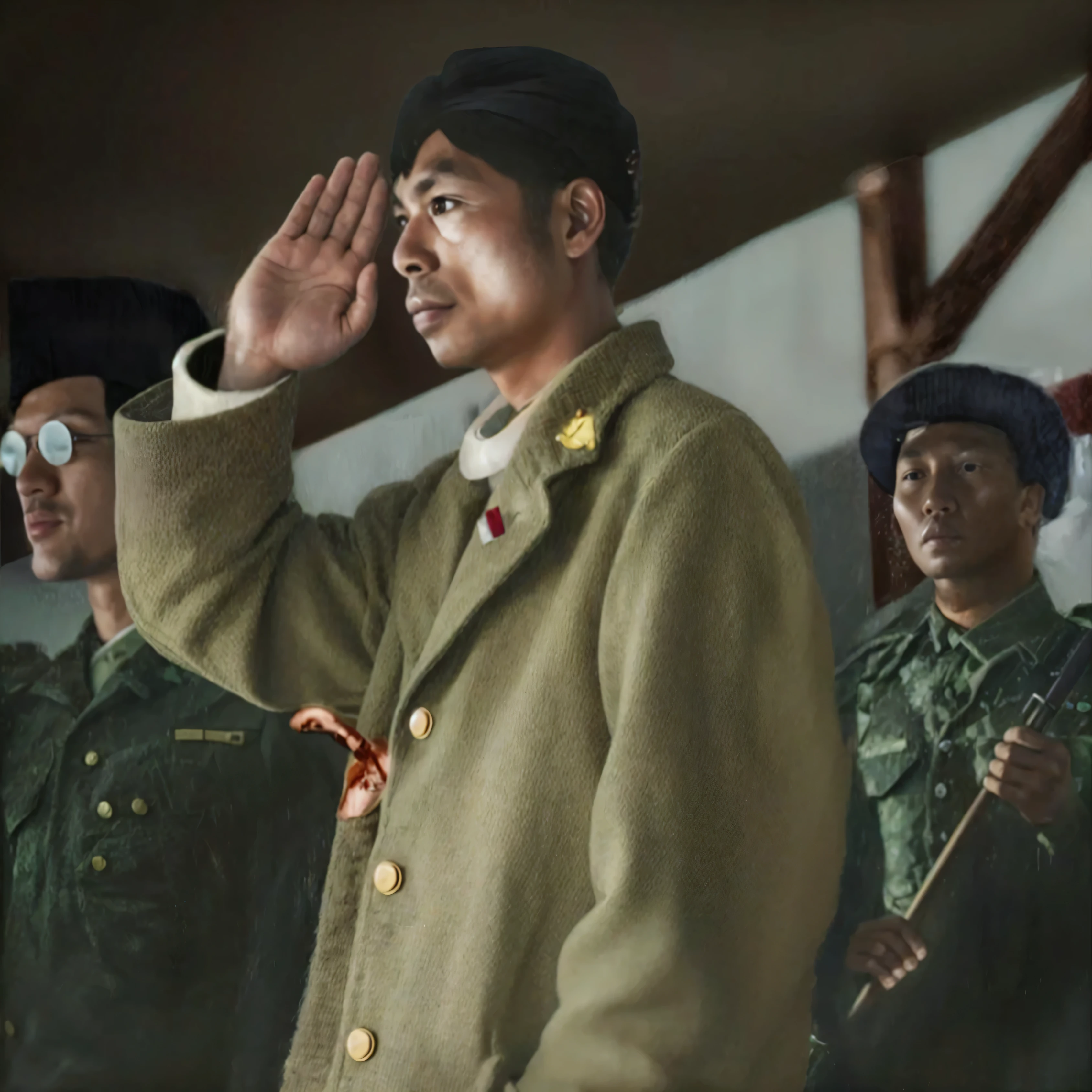 Make this photo look realistic and detailed, there are many soldiers that are standing in a line, wearing a black blangkon, indonesian soldier in world war 2, very detailed potrait, realistic portrait photo, profile portrait, very detailed face, very realistic face, very perfected face, very detailed clothes, very realistic clothes, very perfected clothes.