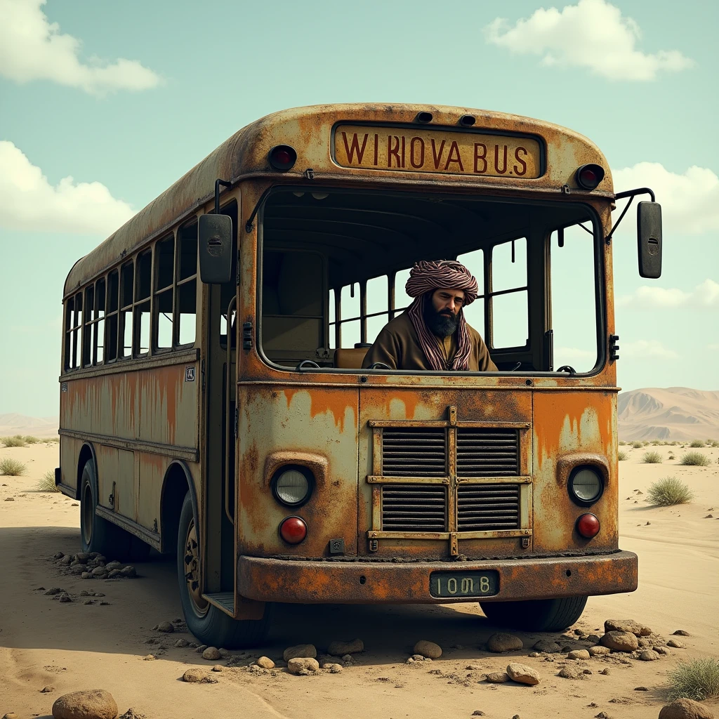 A burnt-out bus with a driver in a skullcap inside