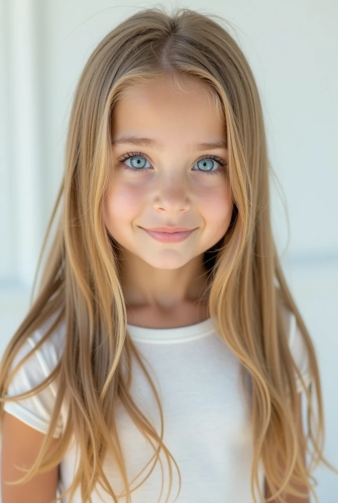 A beautiful 8 year old girl with long straight bright blonde hair, her face is cute, her eyes are striking blue. your dress and white white background image professional ultra hd image