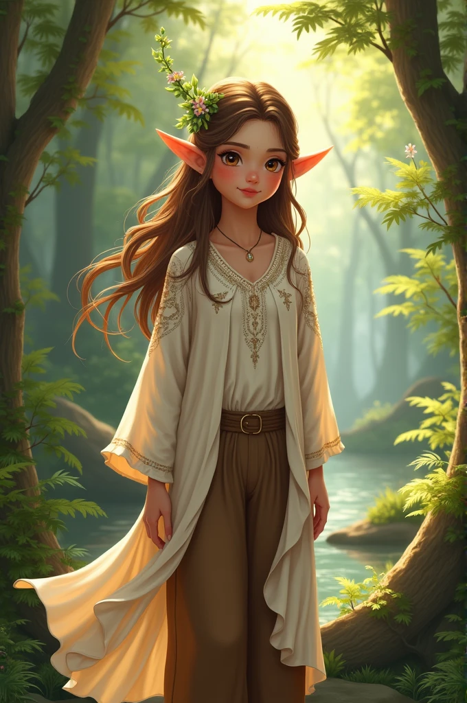 Sweet Elf woman with brown hair, brown pants and white tunica in the forest