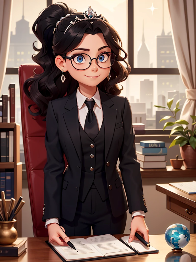 an elegant woman, dressed in a black suit, is reclining in her office chair, a cruel smile twisting his thin lips. Her dark, curly hair is tied back in a sophisticated ponytail., and his eyes, hidden behind round prescription glasses, sparkle with a malice that contrasts with the seriousness of the environment. In your hands, a luxury stylus scribbles enigmatic symbols on a notepad. On the table, a small globe rotates slowly, and a discreet tiara sparkles in her hair. the window, reveals only a glimpse of the gray city outside. Despite the seemingly ordinary environment, the queen&#39;s aura is undeniably powerful and sinister.