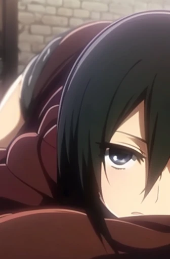 mikasa ackerman, hair between the eyes, lying on a bed, opening her legs towards the camera showing her black panties, showing your black panties