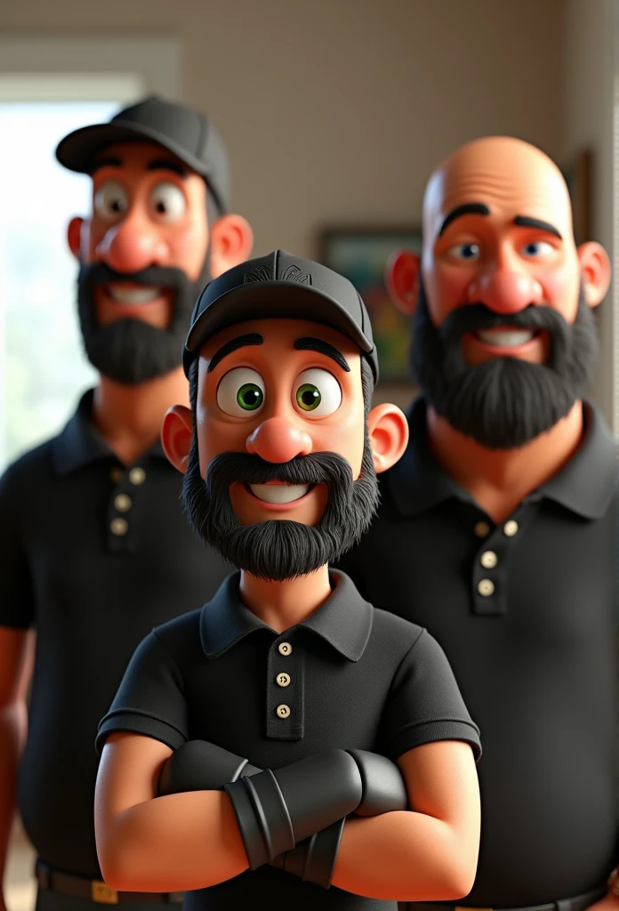 Short beard two strong cartoon characters, one of the green eyes character, medium beard, black polo shirt, Black cap, black gloves, another bald character,Black cap, black polo shirt, black beard, black gloves, big beard and brown eyes cartoon character, stylized character, animation style rendering, 3d stylized, Arnold Maya rendering, Stylized 3D rendering, toon render screenshot, 3d character, 3d character, Stylized 3D rendering, 3D character rendering, cartoon character, Personagem de close up, character posing, (Pixar-style) (master part:1.2) (bokeh) (best quality) (skin detailed) (detailed texture) (8k) (Argilla) (cinematic lighting) (sharp focus with 28 years of ideade, cleaning sofa